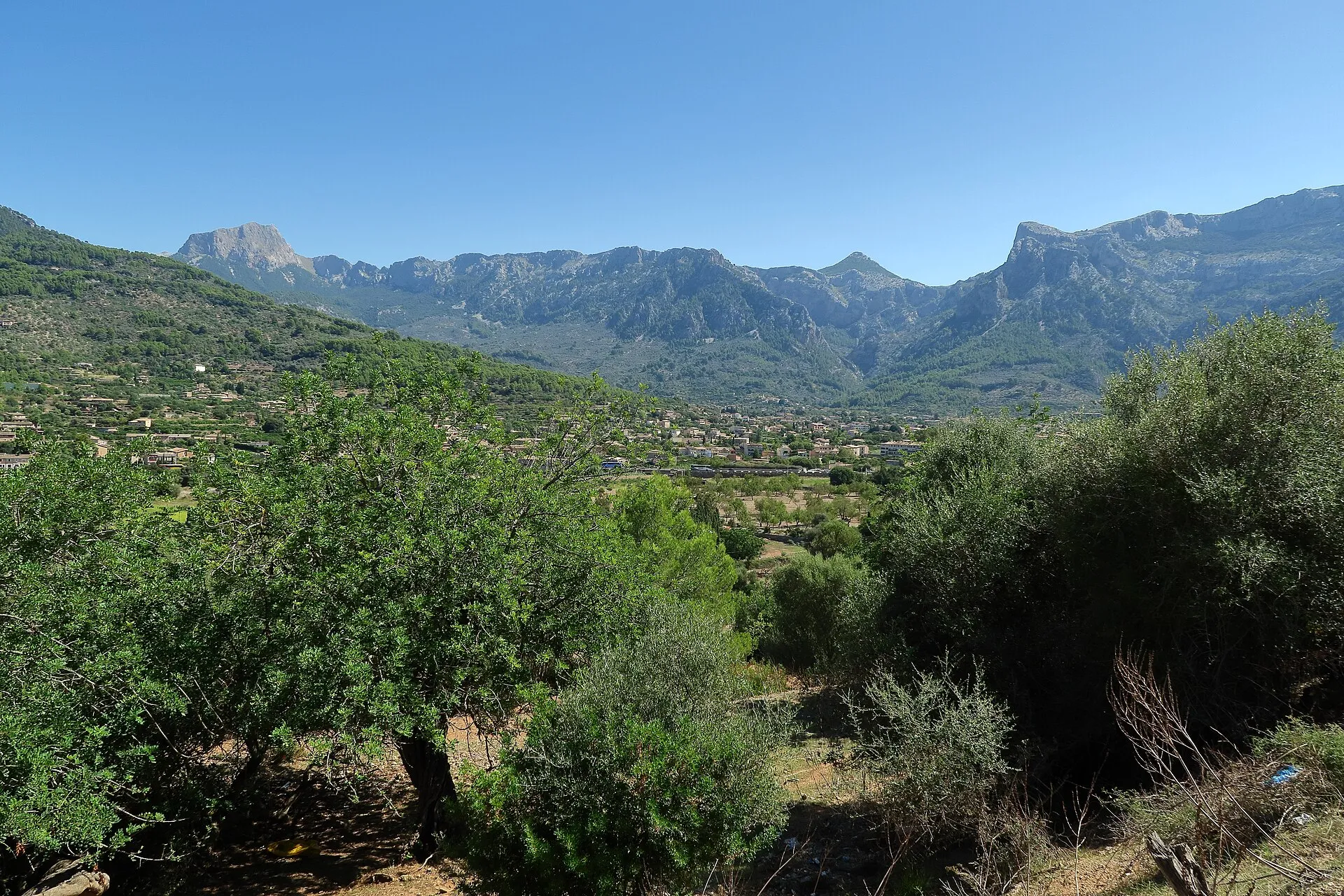 The town of Sóller on its valley floor, ringed by the peaks of the Serra de Tramuntana.